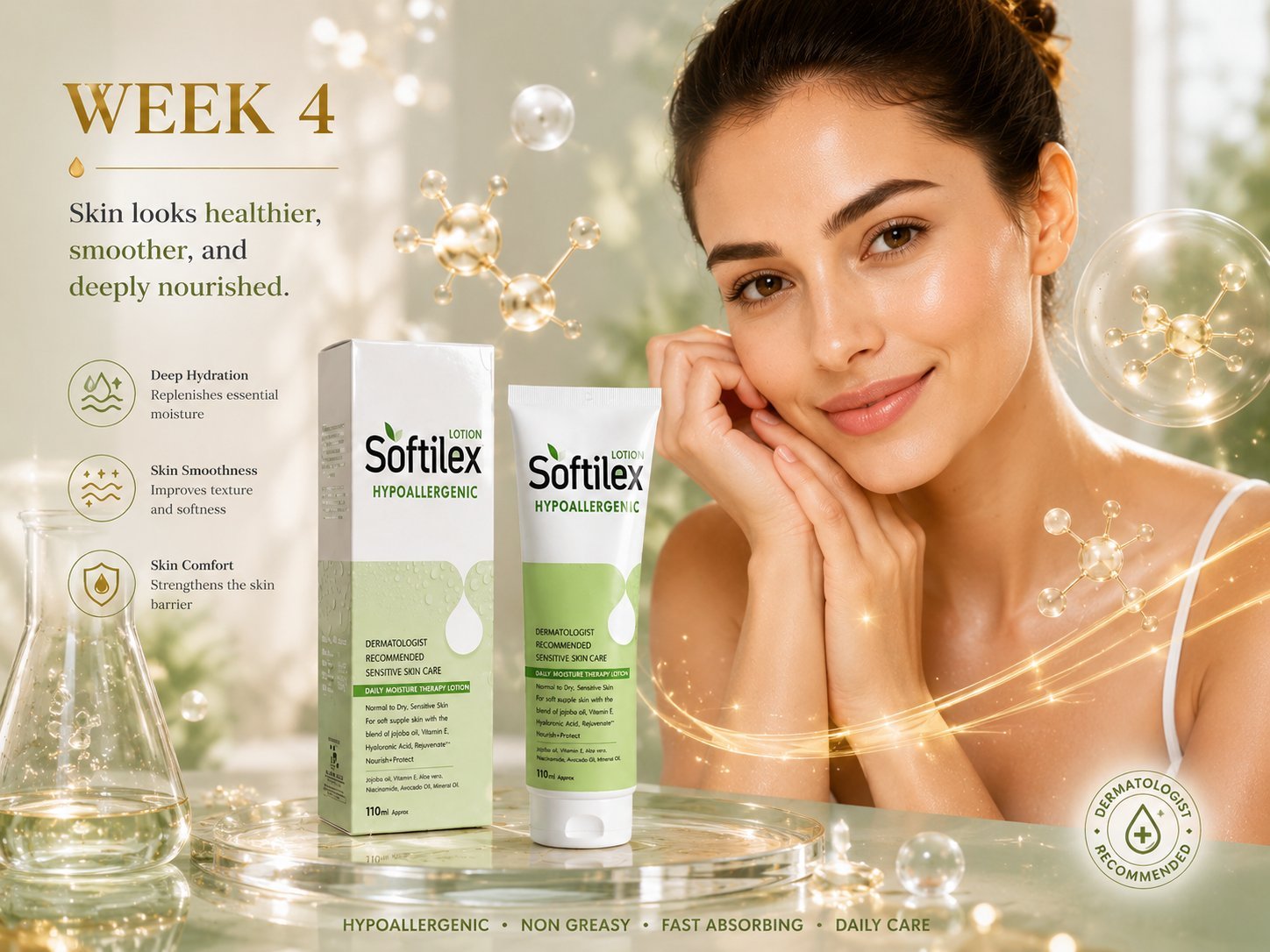 Softilex® Hypoallergenic Lotion Softilex lotion and carton packaging with hydrated skin model in premium dermatology-inspired campaign.