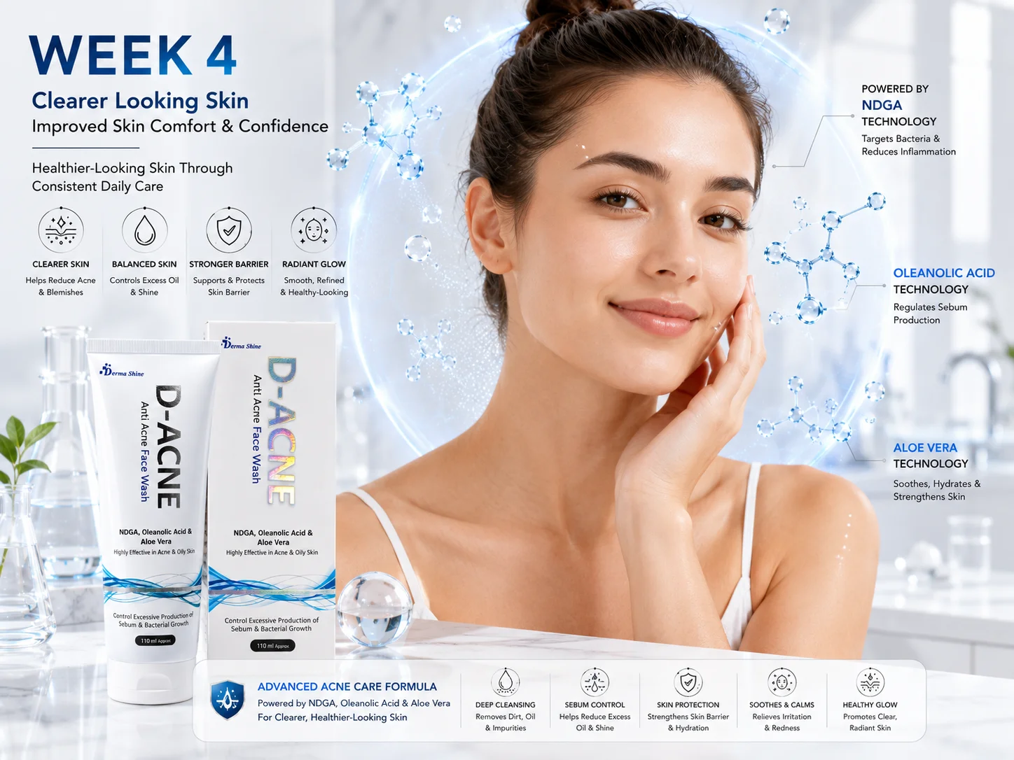 D-ACNE Anti Acne Face Wash Ultra-realistic product render of D-ACNE Anti Acne Face Wash with original packaging details