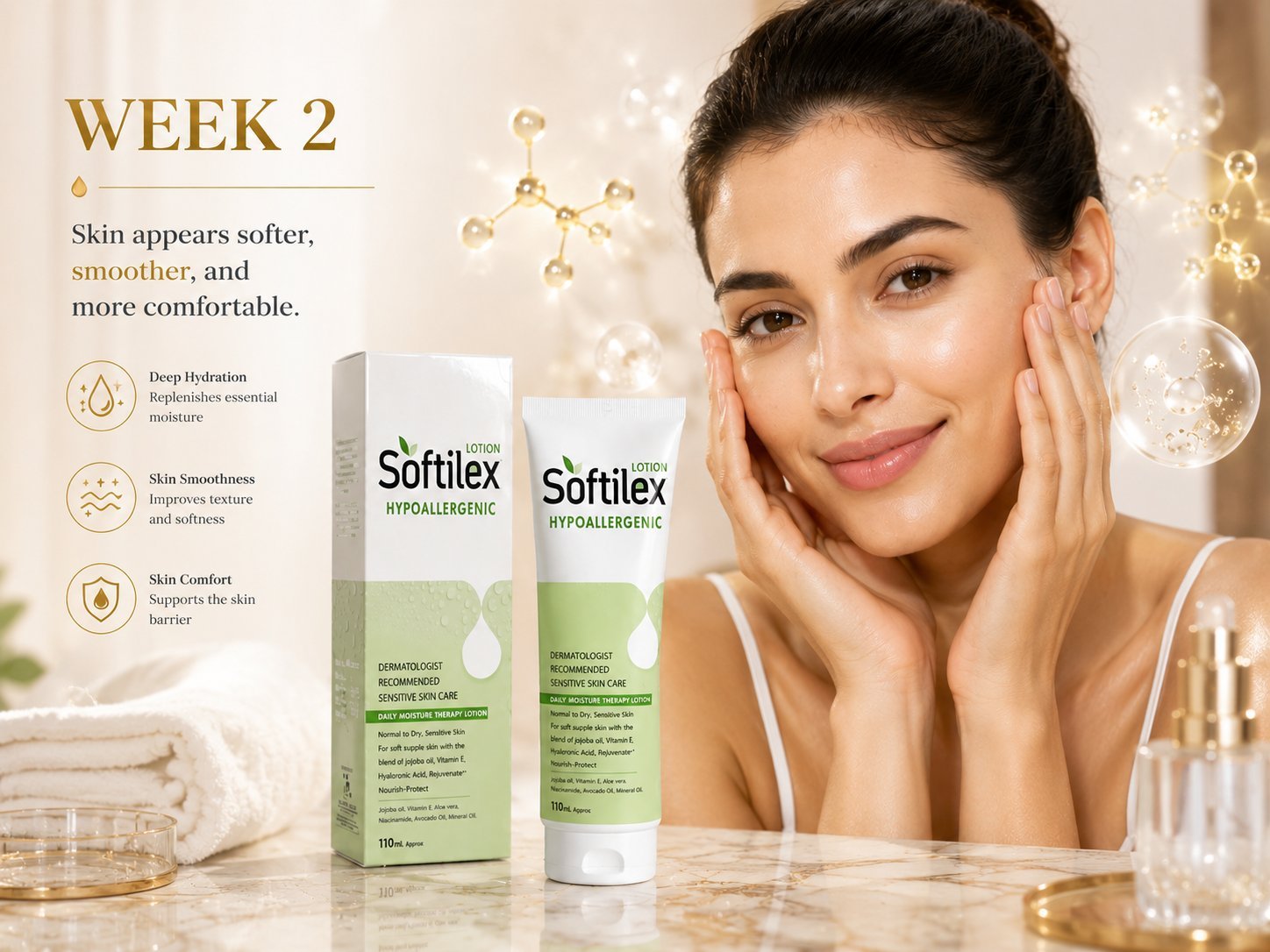 Softilex® Hypoallergenic Lotion Woman with healthy glowing skin beside Softilex Hypoallergenic Lotion in luxury skincare advertisement.